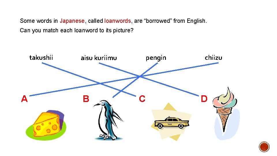 Some words in Japanese, called loanwords, are “borrowed” from English. Can you match each