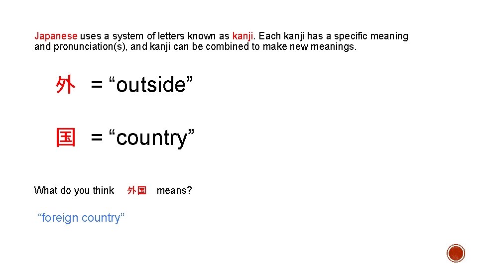 Japanese uses a system of letters known as kanji. Each kanji has a specific