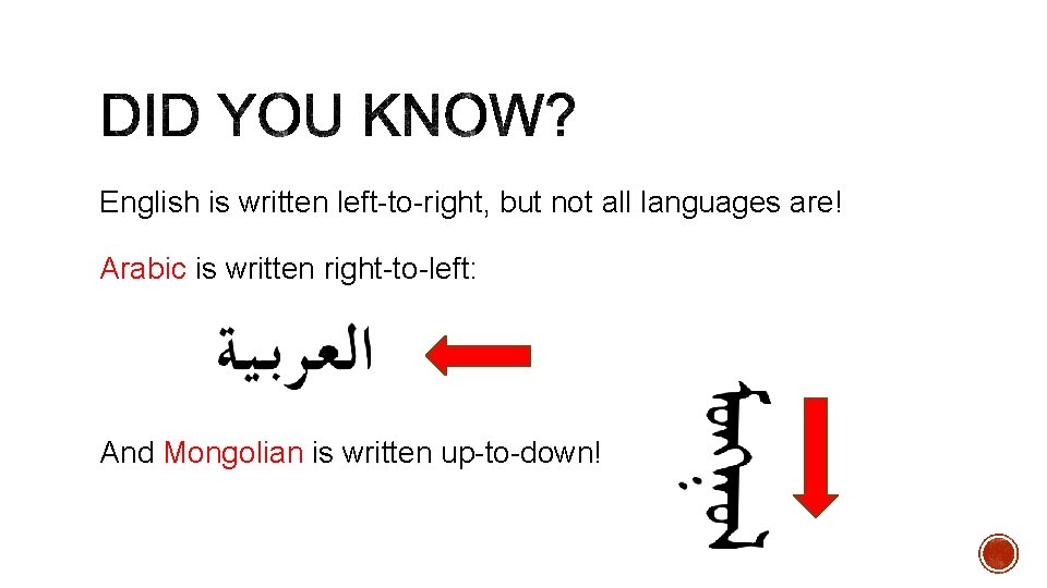 English is written left-to-right, but not all languages are! Arabic is written right-to-left: And