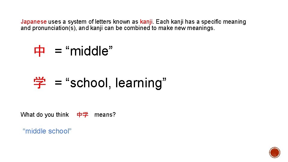 Japanese uses a system of letters known as kanji. Each kanji has a specific