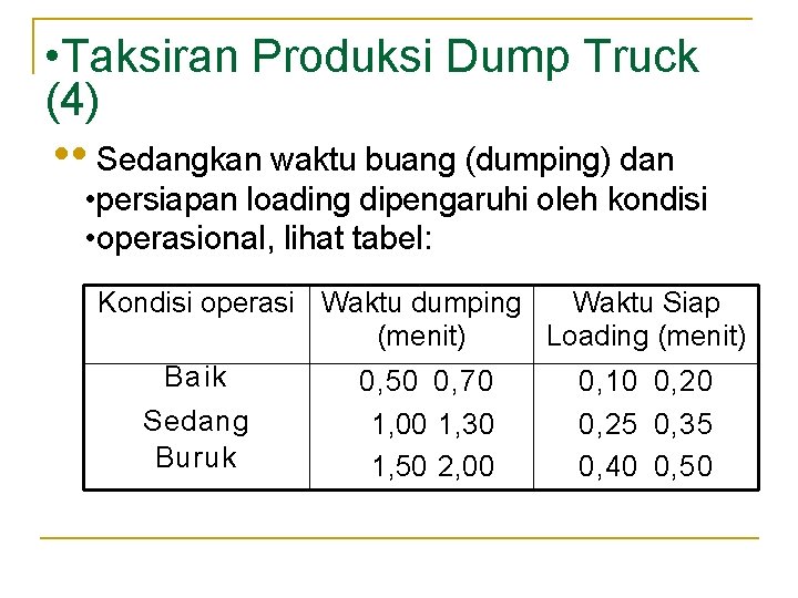 • Taksiran Produksi Dump Truck (4) • • Sedangkan waktu buang (dumping) dan • Taksiran Produksi Dump Truck (4) • • Sedangkan waktu buang (dumping) dan