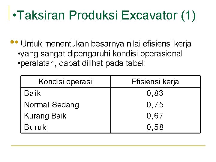 • • Taksiran Produksi Excavator (1) • • Untuk menentukan besarnya nilai efisiensi • • Taksiran Produksi Excavator (1) • • Untuk menentukan besarnya nilai efisiensi