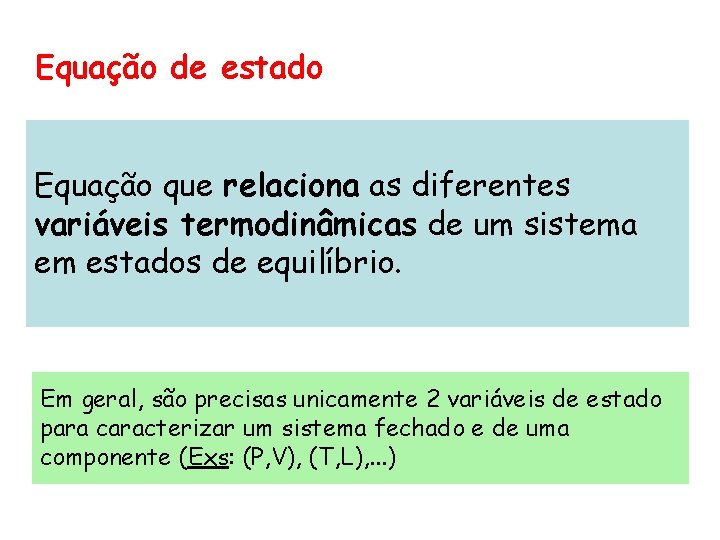 Equação de estado Equação que relaciona as diferentes variáveis termodinâmicas de um sistema em