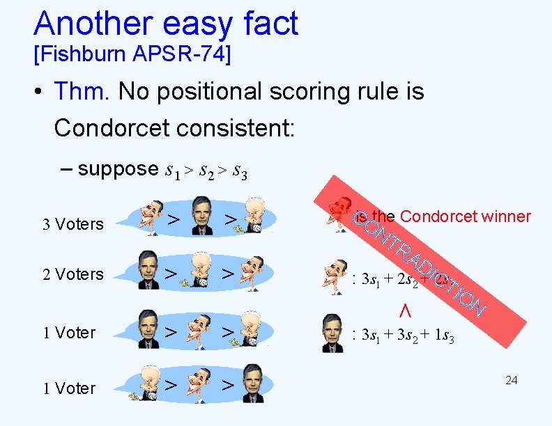 Another easy fact [Fishburn APSR-74] • Thm. No positional scoring rule is Condorcet consistent: