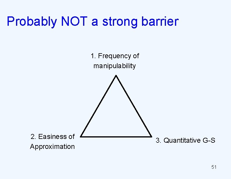 Probably NOT a strong barrier 1. Frequency of manipulability 2. Easiness of Approximation 3.