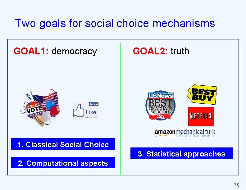 Two goals for social choice mechanisms GOAL 1: democracy GOAL 2: truth 1. Classical
