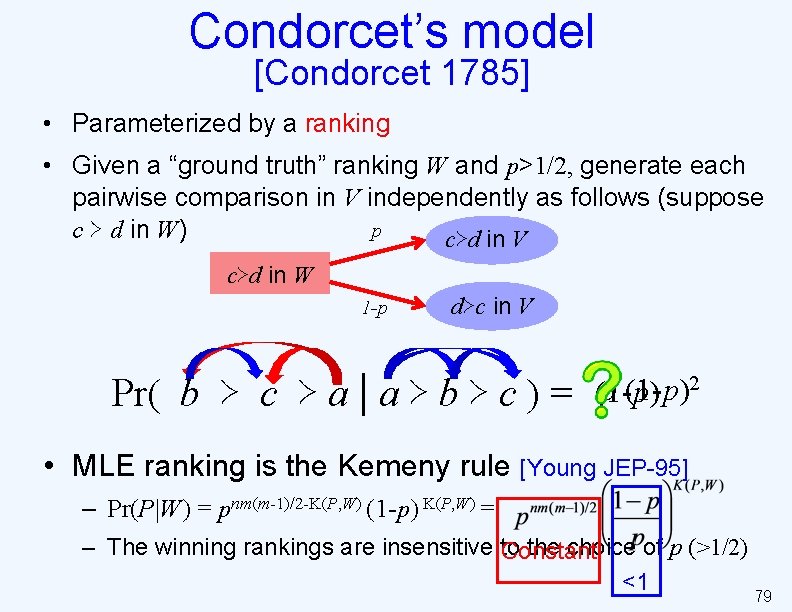 Condorcet’s model [Condorcet 1785] • Parameterized by a ranking • Given a “ground truth”