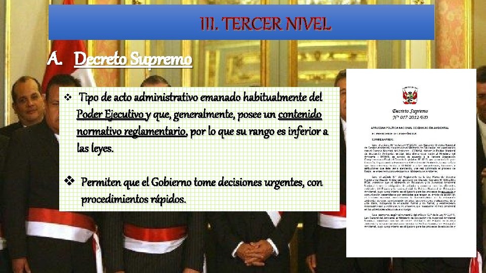 III. TERCER NIVEL A. Decreto Supremo v Tipo de acto administrativo emanado habitualmente del