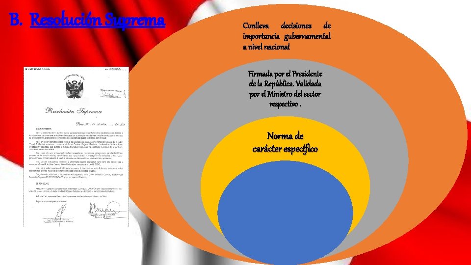 B. Resolución Suprema Conlleva decisiones de importancia gubernamental a nivel nacional Firmada por el