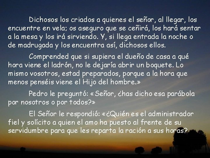 Dichosos los criados a quienes el señor, al llegar, los encuentre en vela; os