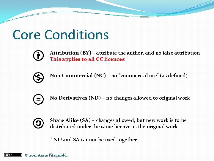 Core Conditions Attribution (BY) – attribute the author, and no false attribution This applies