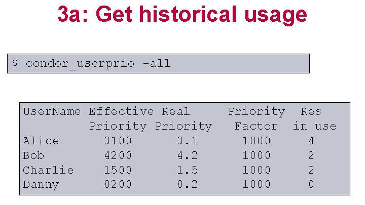 3 a: Get historical usage $ condor_userprio -all User. Name Effective Real Priority Alice