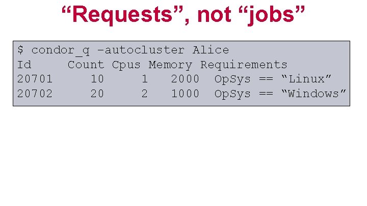 “Requests”, not “jobs” $ condor_q –autocluster Alice Id Count Cpus Memory Requirements 20701 10
