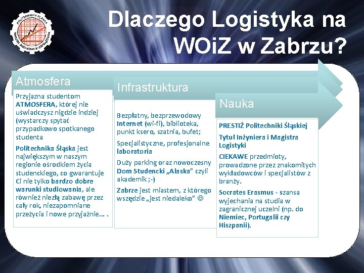 Dlaczego Logistyka na WOi. Z w Zabrzu? Atmosfera Przyjazna studentom ATMOSFERA, której nie uświadczysz