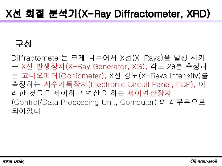 X선 회절 분석기(X-Ray Diffractometer, XRD) 구성 Diffractometer는 크게 나누어서 X선(X-Rays)을 발생 시키 는 X선