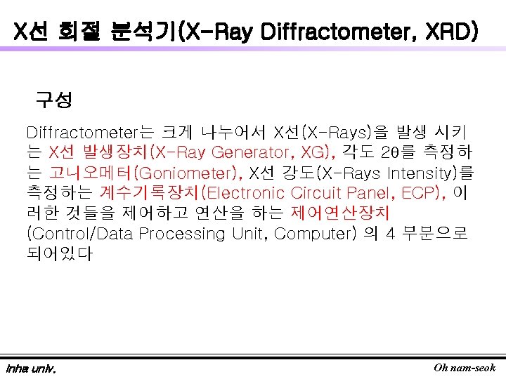 X선 회절 분석기(X-Ray Diffractometer, XRD) 구성 Diffractometer는 크게 나누어서 X선(X-Rays)을 발생 시키 는 X선