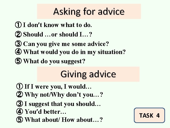 Asking for advice ① I don’t know what to do. ② Should …or should