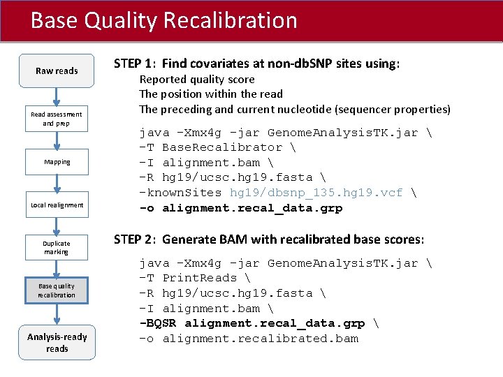 Base Quality Recalibration Click to edit Master title style Raw reads Read assessment and