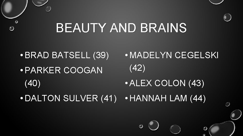 BEAUTY AND BRAINS • BRAD BATSELL (39) • PARKER COOGAN (40) • MADELYN CEGELSKI