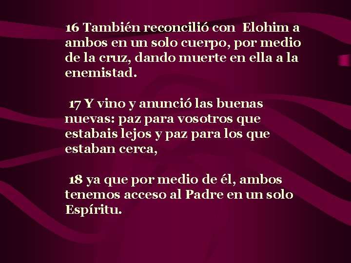 16 También reconcilió con Elohim a ambos en un solo cuerpo, por medio de