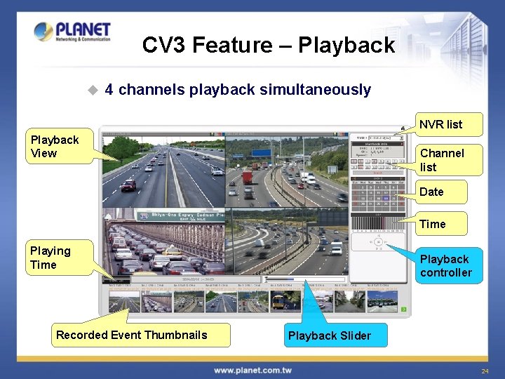 CV 3 Feature – Playback u 4 channels playback simultaneously NVR list Playback View