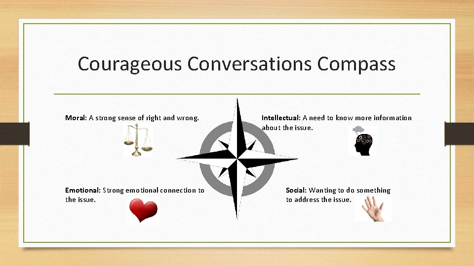 Courageous Conversations Compass Moral: A strong sense of right and wrong. Emotional: Strong emotional