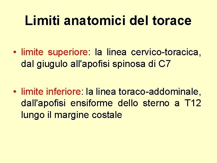 Limiti anatomici del torace • limite superiore: la linea cervico-toracica, dal giugulo all'apofisi spinosa