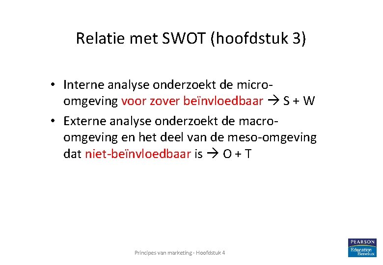 Relatie met SWOT (hoofdstuk 3) • Interne analyse onderzoekt de microomgeving voor zover beïnvloedbaar