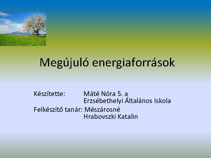 Megújuló energiaforrások Készítette: Máté Nóra 5. a Erzsébethelyi Általános Iskola Felkészítő tanár: Mészárosné Hrabovszki
