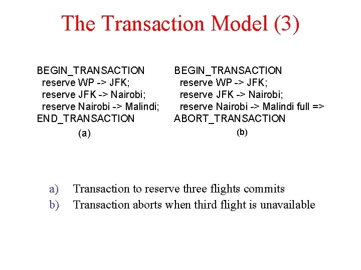 The Transaction Model (3) BEGIN_TRANSACTION reserve WP -> JFK; reserve JFK -> Nairobi; reserve