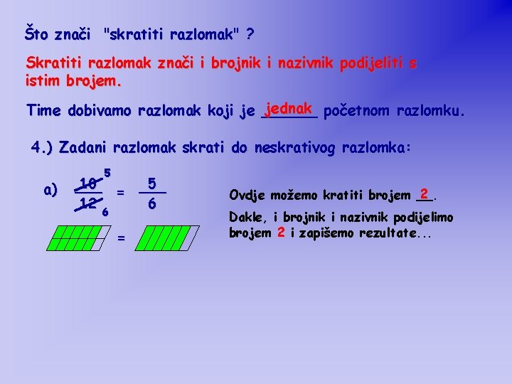 Što znači "skratiti razlomak" ? Skratiti razlomak znači i brojnik i nazivnik podijeliti s