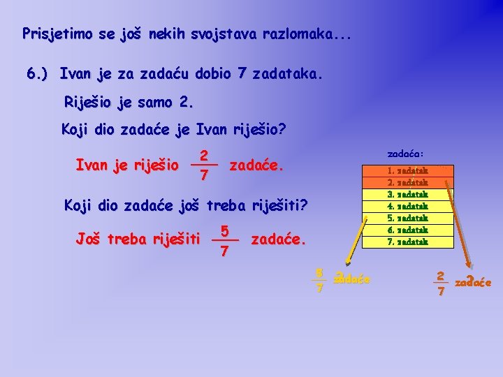 Prisjetimo se još nekih svojstava razlomaka. . . 6. ) Ivan je za zadaću