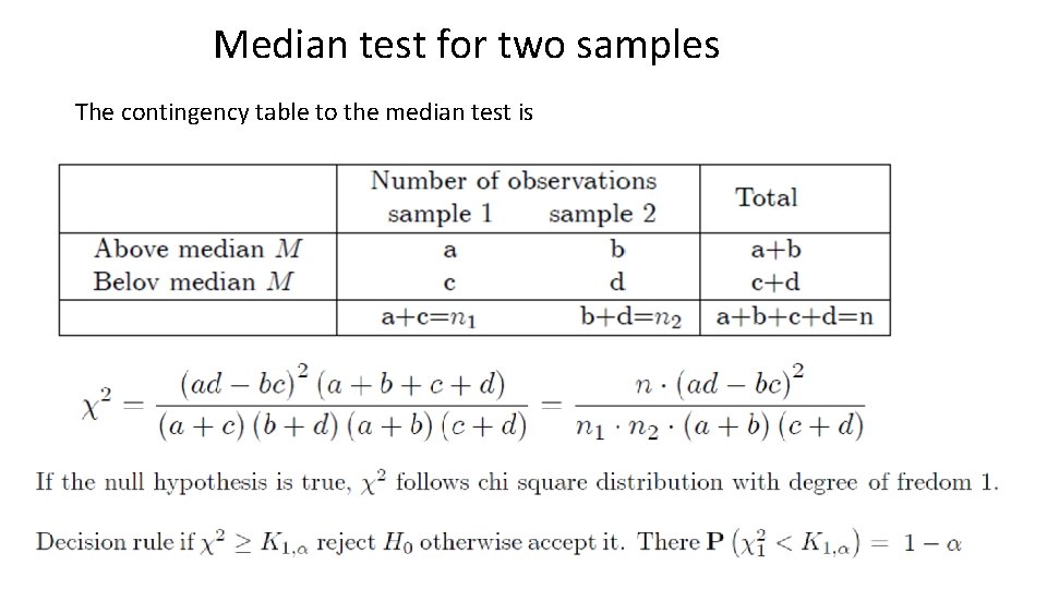 Median test for two samples The contingency table to the median test is Median test for two samples The contingency table to the median test is