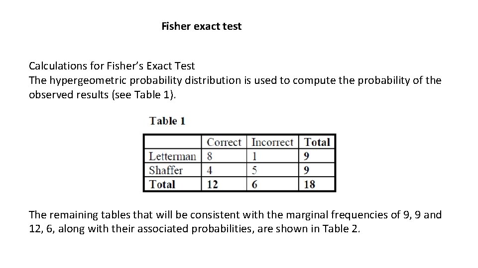 Fisher exact test Calculations for Fisher’s Exact Test The hypergeometric probability distribution is used Fisher exact test Calculations for Fisher’s Exact Test The hypergeometric probability distribution is used