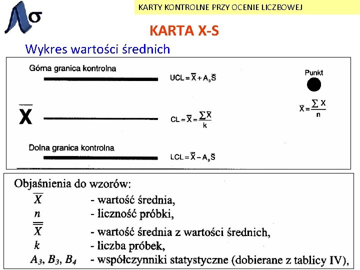KARTY KONTROLNE PRZY OCENIE LICZBOWEJ KARTA X-S Wykres wartości średnich 