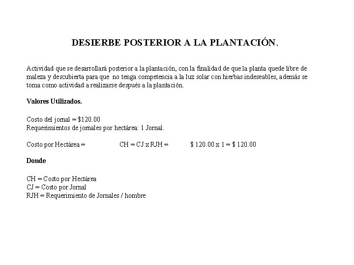 DESIERBE POSTERIOR A LA PLANTACIÓN. Actividad que se desarrollará posterior a la plantación, con