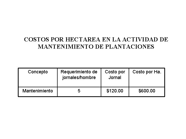 COSTOS POR HECTAREA EN LA ACTIVIDAD DE MANTENIMIENTO DE PLANTACIONES Concepto Requerimiento de jornales/hombre