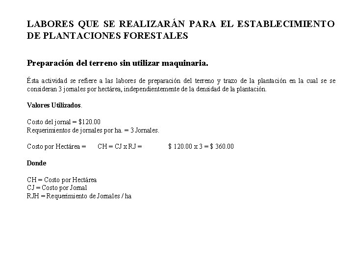 LABORES QUE SE REALIZARÁN PARA EL ESTABLECIMIENTO DE PLANTACIONES FORESTALES Preparación del terreno sin