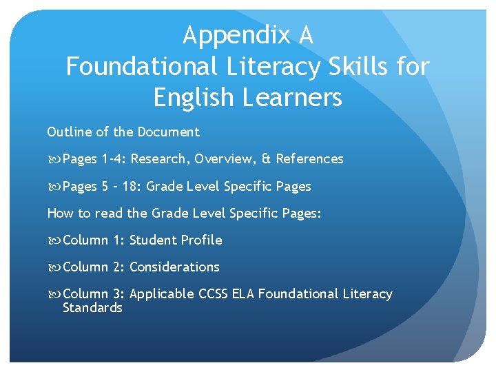 Appendix A Foundational Literacy Skills for English Learners Outline of the Document Pages 1 Appendix A Foundational Literacy Skills for English Learners Outline of the Document Pages 1
