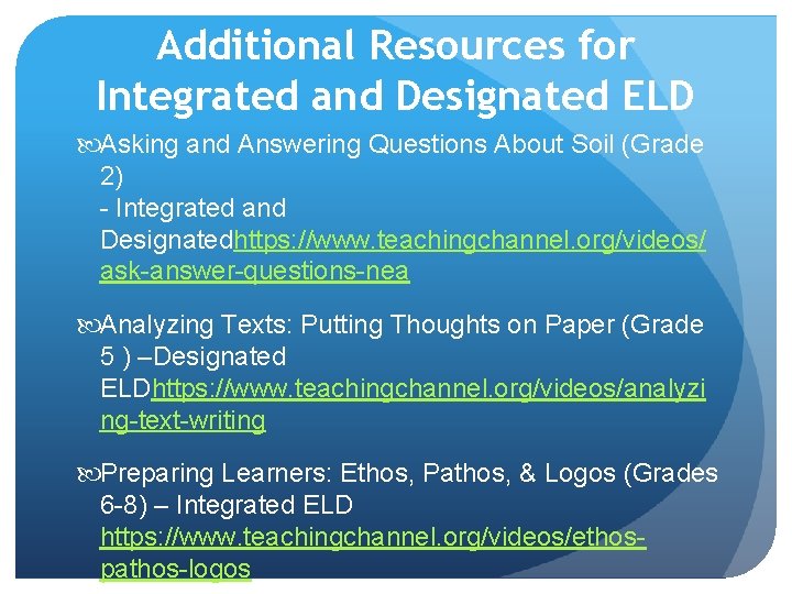 Additional Resources for Integrated and Designated ELD Asking and Answering Questions About Soil (Grade Additional Resources for Integrated and Designated ELD Asking and Answering Questions About Soil (Grade