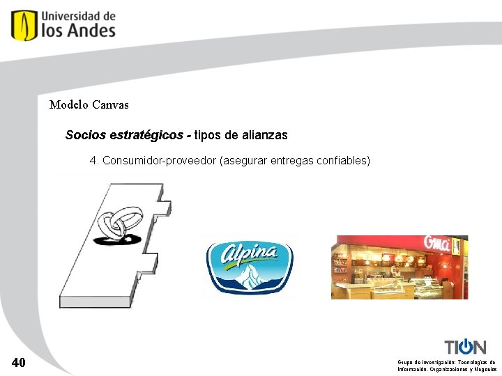 Modelo Canvas Socios estratégicos - tipos de alianzas 4. Consumidor-proveedor (asegurar entregas confiables) 40