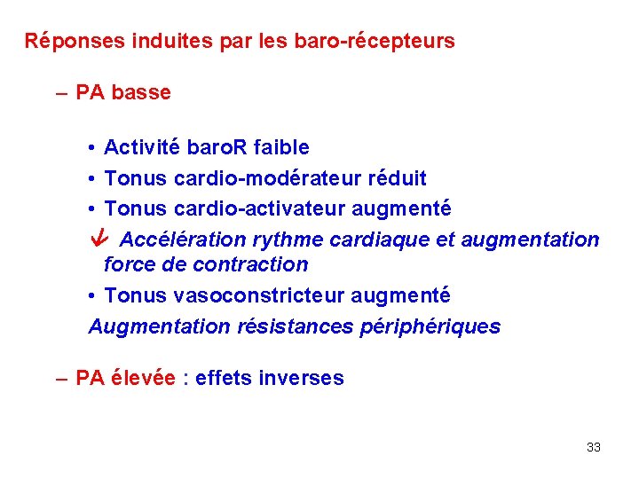 Réponses induites par les baro-récepteurs – PA basse • Activité baro. R faible •