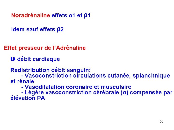 Noradrénaline effets α 1 et β 1 Idem sauf effets β 2 Effet presseur