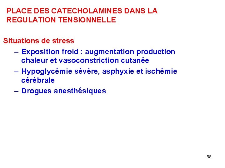 PLACE DES CATECHOLAMINES DANS LA REGULATION TENSIONNELLE Situations de stress – Exposition froid :