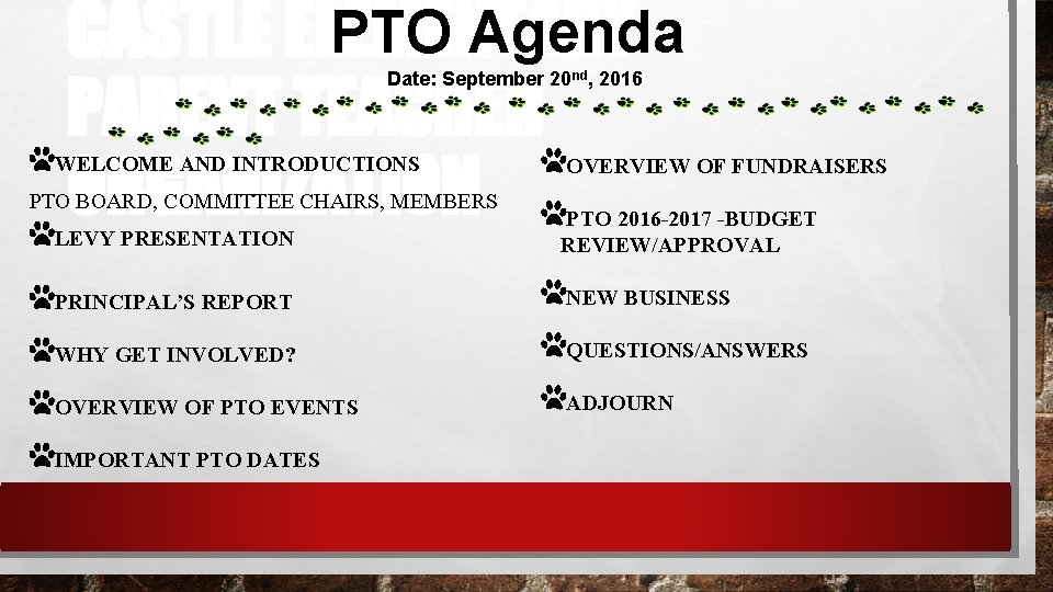 PTO Agenda CASTLE ELEMENTARY PARENT TEACHER ORGANIZATION Date: September 20 nd, 2016 WELCOME AND