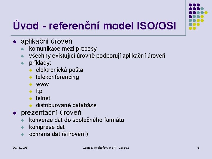 Úvod - referenční model ISO/OSI l aplikační úroveň l l komunikace mezi procesy všechny