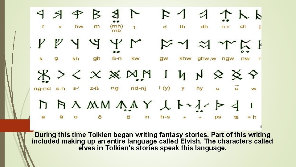 During this time Tolkien began writing fantasy stories. Part of this writing included making