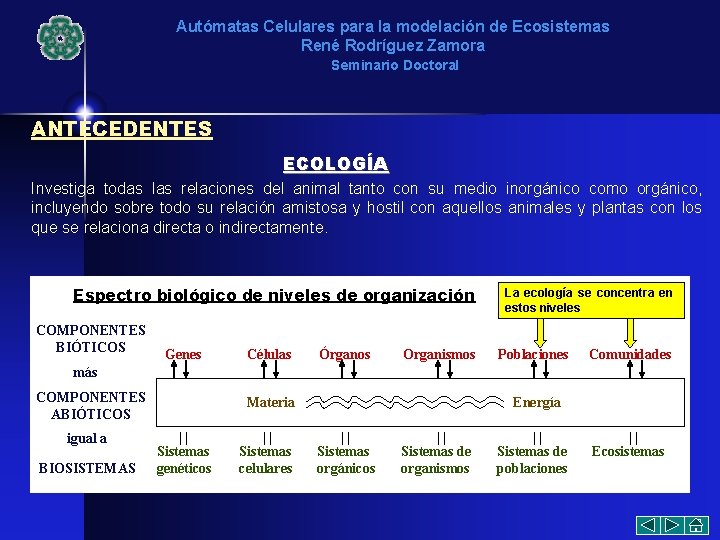 Autómatas Celulares para la modelación de Ecosistemas René Rodríguez Zamora Seminario Doctoral ANTECEDENTES ECOLOGÍA