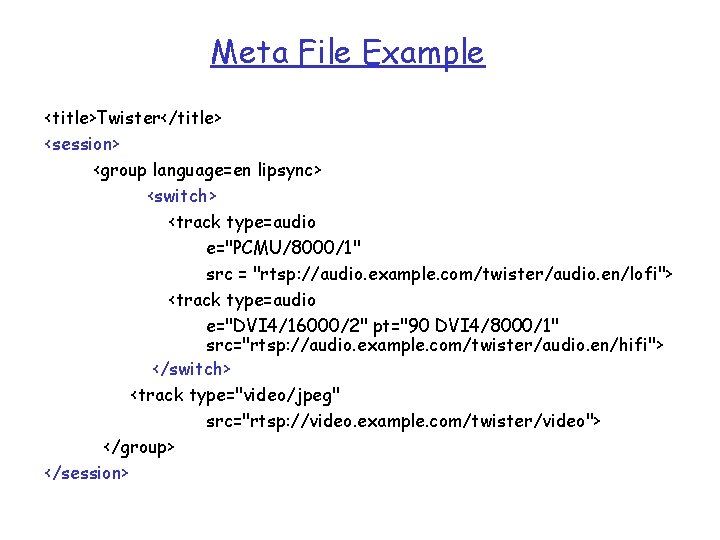 Meta File Example <title>Twister</title> <session> <group language=en lipsync> <switch> <track type=audio e="PCMU/8000/1" src =