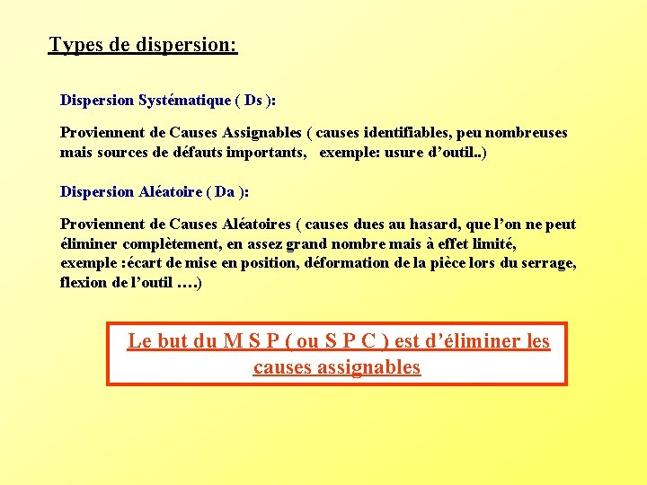 Types de dispersion: Dispersion Systématique ( Ds ): Proviennent de Causes Assignables ( causes